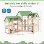 Wooden Doll House 6 Rooms Kids | 36 Accessories Pretend Play Dollhouse Set