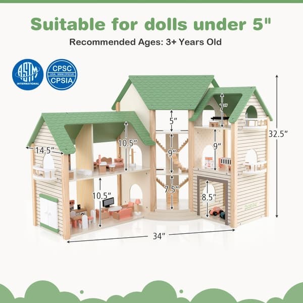 Wooden Doll House 6 Rooms Kids | 36 Accessories Pretend Play Dollhouse Set