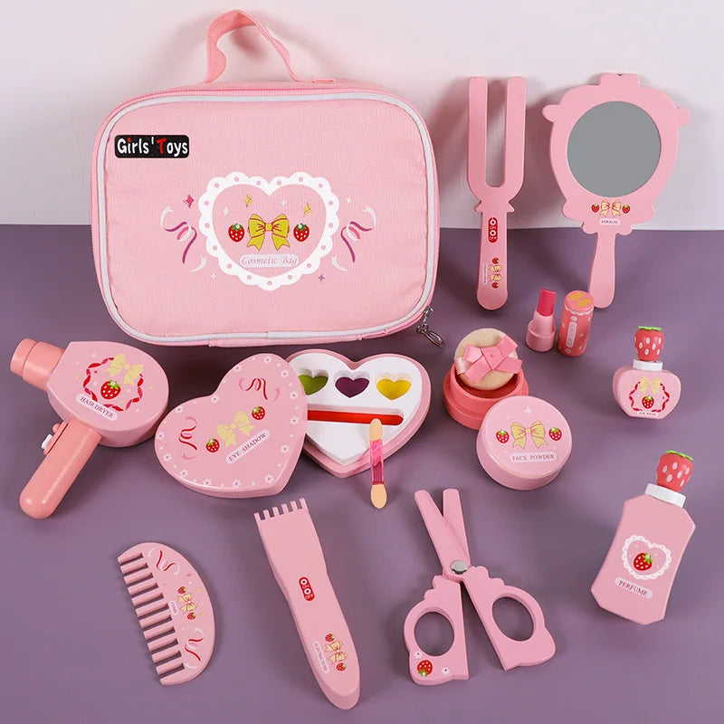 Wooden Makeup Set for Girls | Pretend Play Cosmetic Kit with Storage Table