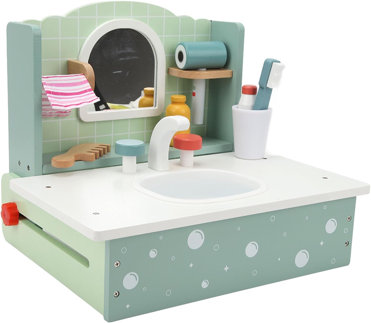 Kids Wooden Bathroom Sink Toy | Pretend Play Vanity Set with Accessories Educational Role Play