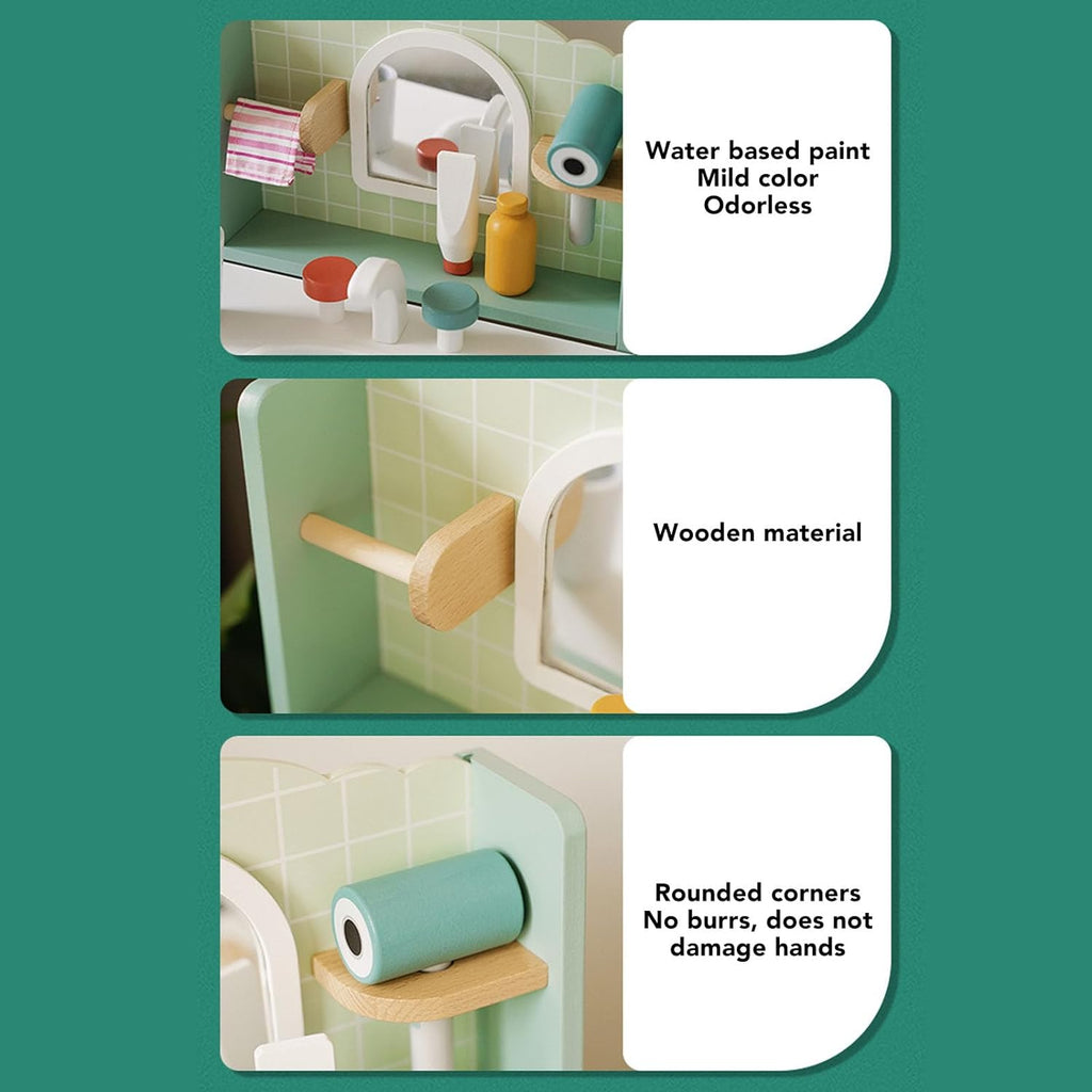 Kids Wooden Bathroom Sink Toy | Pretend Play Vanity Set with Accessories Educational Role Play