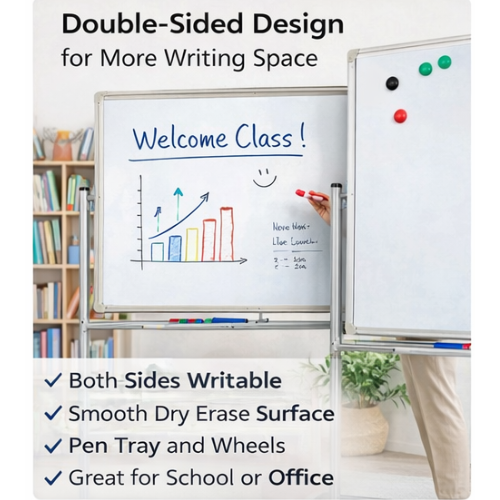 Medium Double-Sided Magnetic Whiteboard with Wheels | Mobile Teaching & Office Board