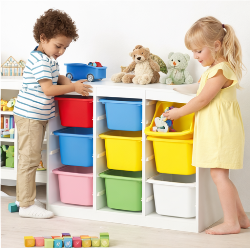Kids Storage Bin Organizer 9 Bins | Wooden Toy & Book Storage Rack