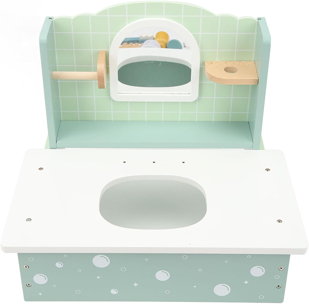 Kids Wooden Bathroom Sink Toy | Pretend Play Vanity Set with Accessories Educational Role Play