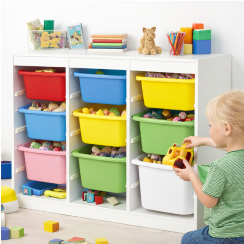 Kids Storage Bin Organizer 9 Bins | Wooden Toy & Book Storage Rack