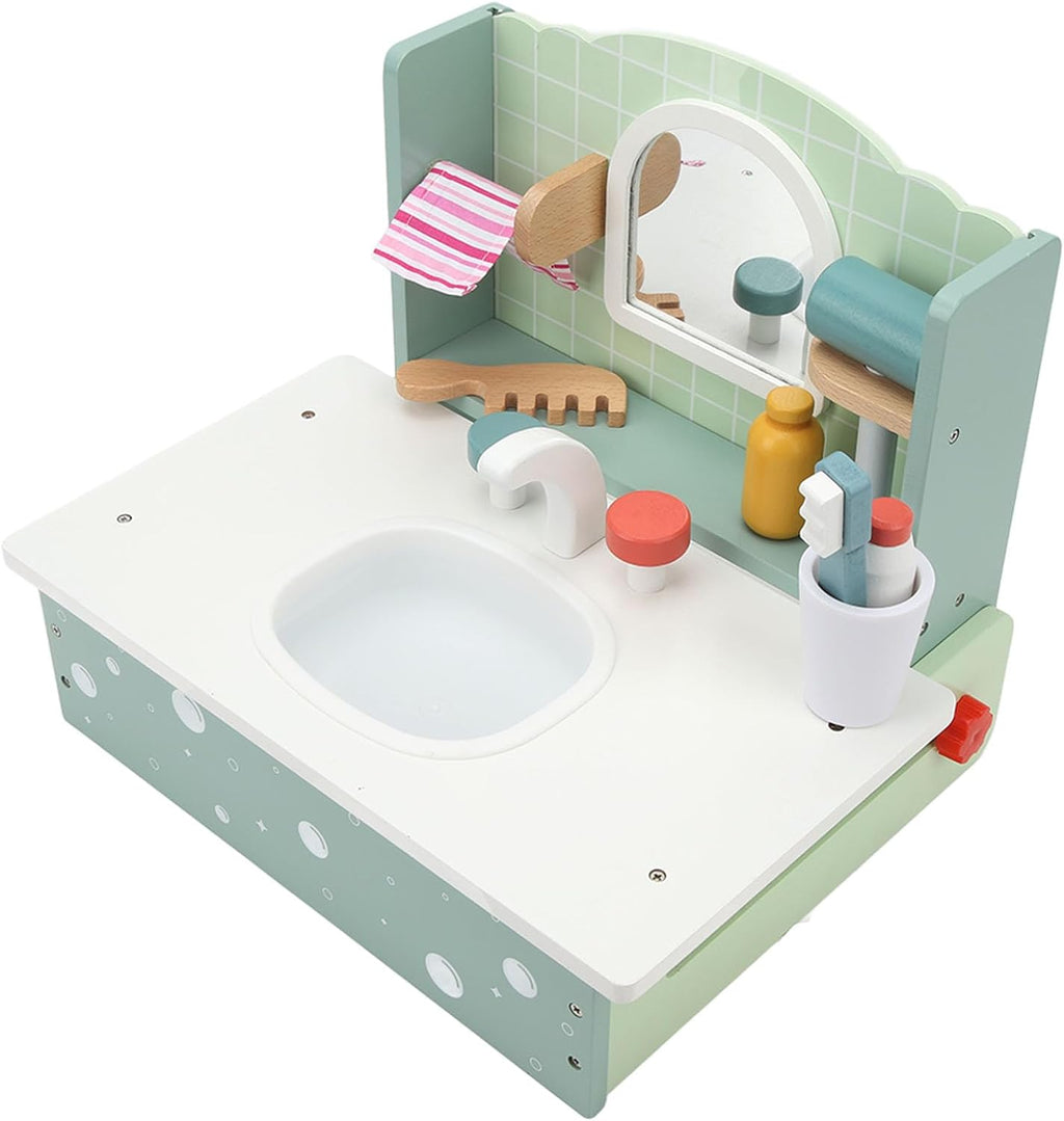 Kids Wooden Bathroom Sink Toy | Pretend Play Vanity Set with Accessories Educational Role Play