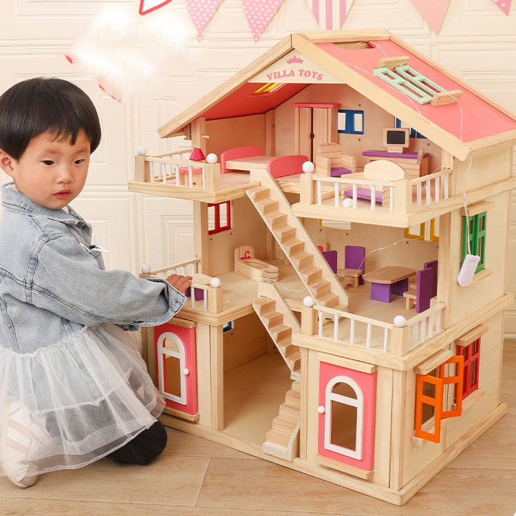 Happy Family Wooden Doll House | DIY Pretend Play Toy with Furniture & Dolls for Kids