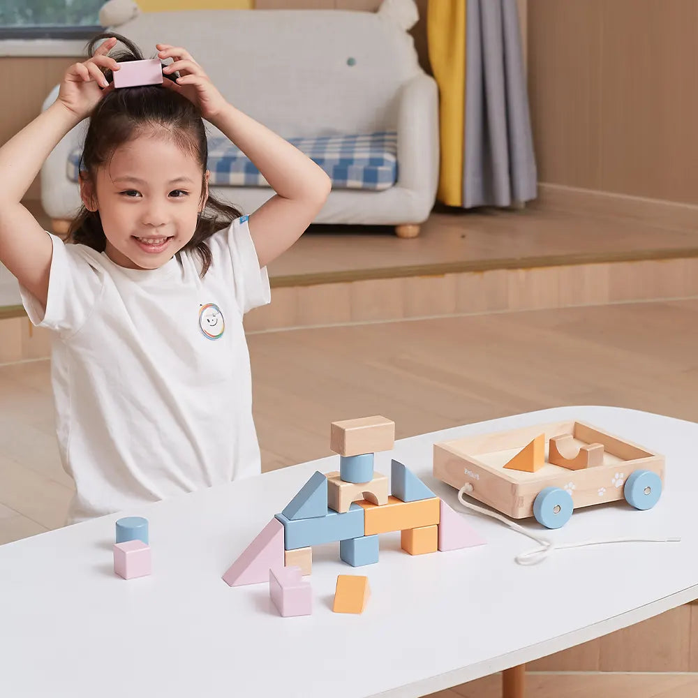 Pull Along Wooden Block Wagon Toy | 20 Pcs Stacking Blocks for Kids 18M+
