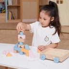Pull Along Wooden Block Wagon Toy | 20 Pcs Stacking Blocks for Kids 18M+