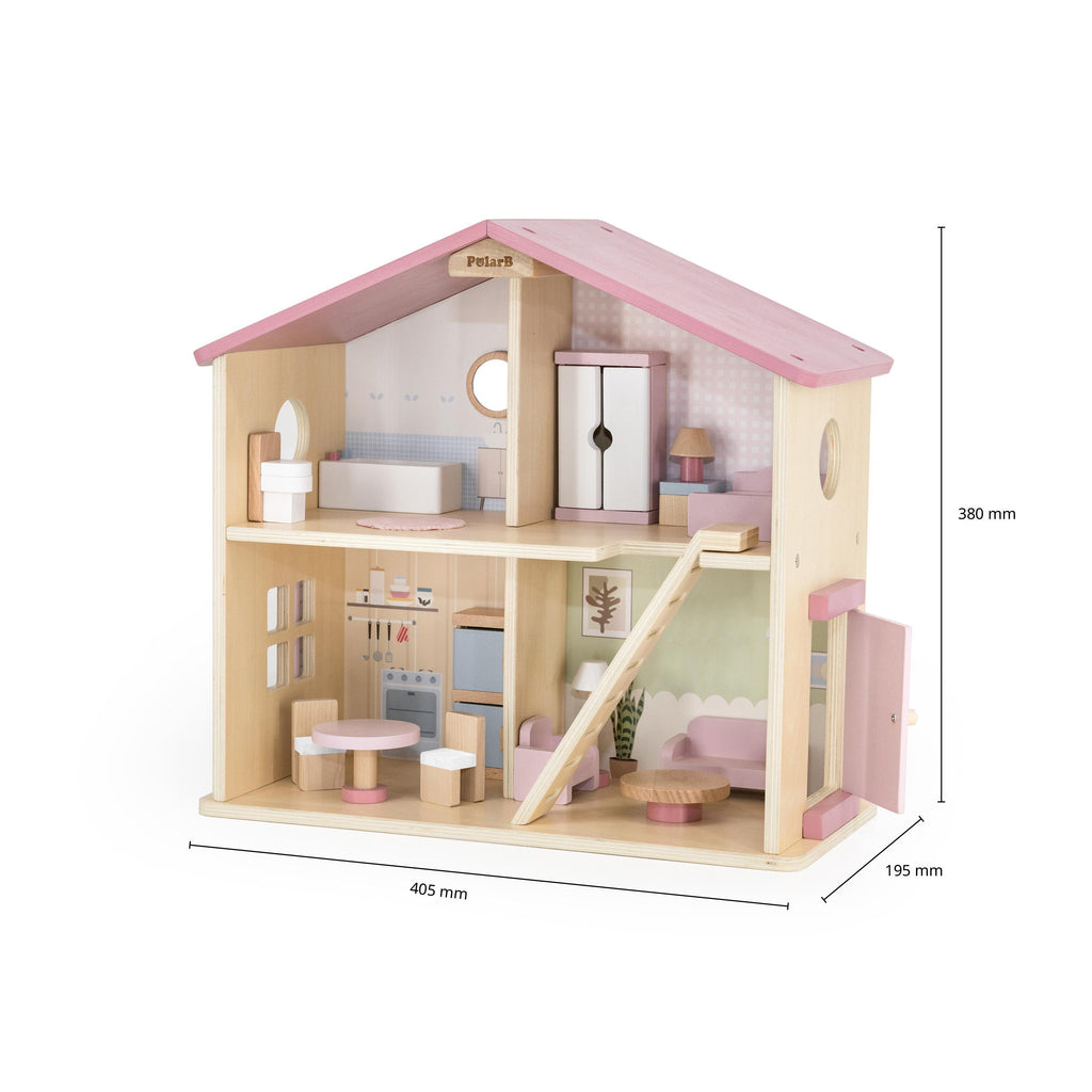 Wooden Doll House with Furniture Set | Kids Pretend Play Dollhouse Toy 3+