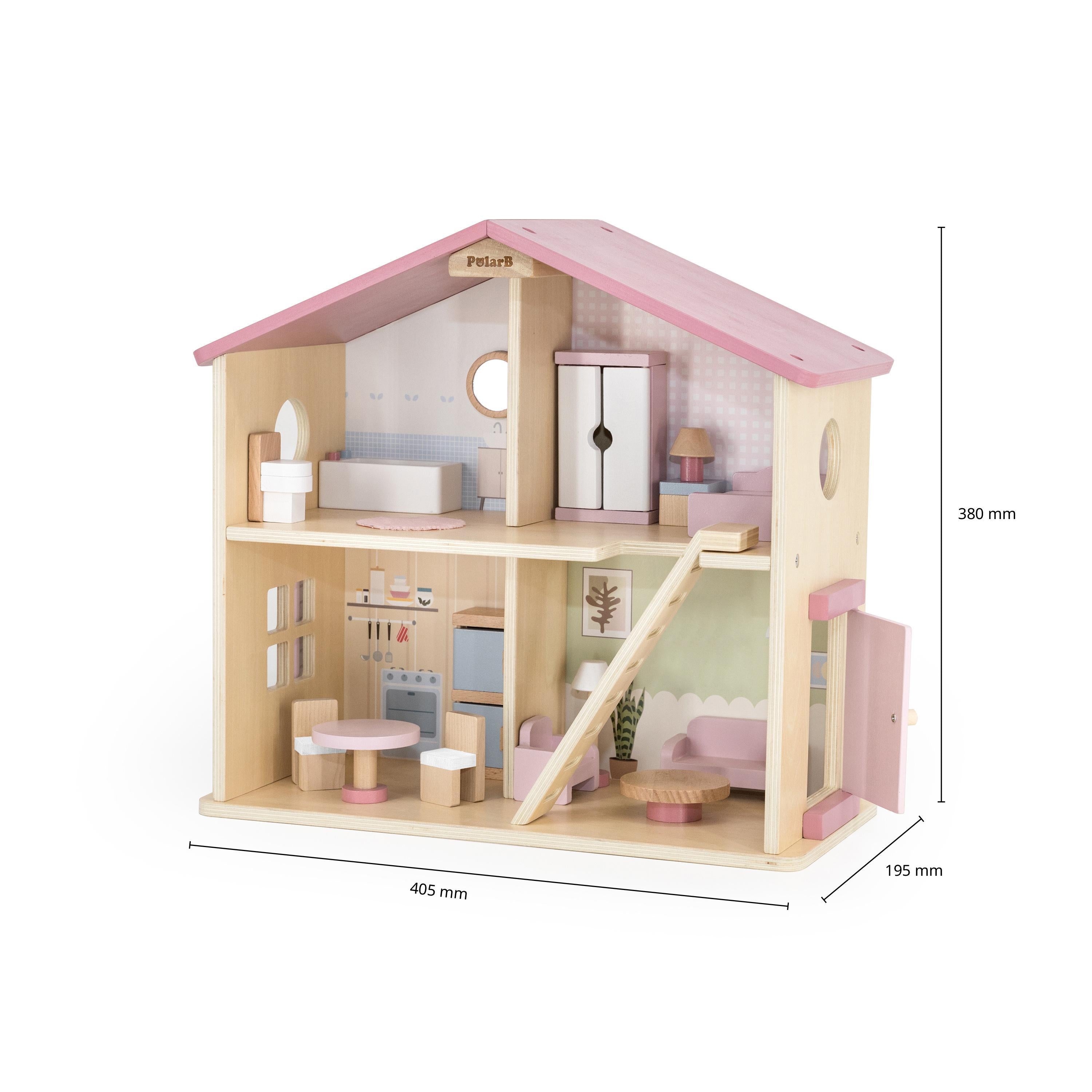 Wooden Doll House with Furniture Set | Kids Pretend Play Dollhouse Toy 3+