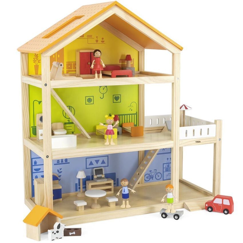 3 Storey Wooden Doll House with Furniture | Kids Pretend Play Dollhouse Set