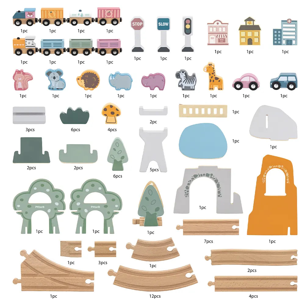 Wooden Train Track 92 Pcs Set | Polar B Grand Station Railway Toy for Kids