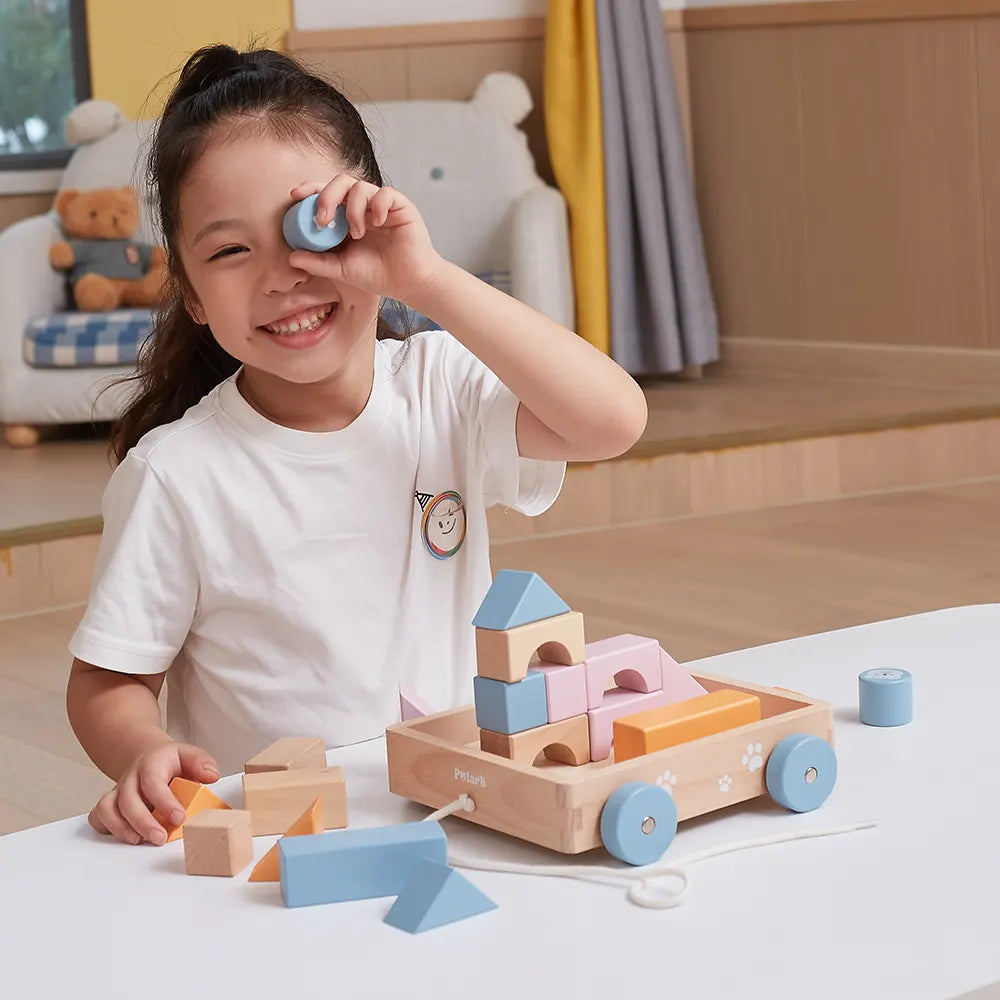 Pull Along Wooden Block Wagon Toy | 20 Pcs Stacking Blocks for Kids 18M+