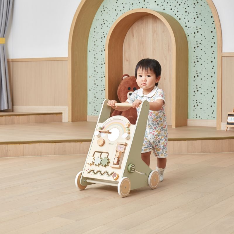 Wooden Baby Walker with Activity Panel | Learning Push Walker for Toddlers 12M+