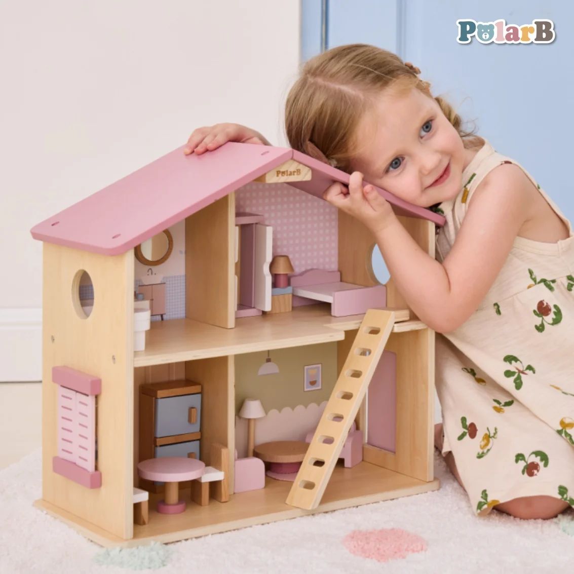 Wooden Doll House with Furniture Set | Kids Pretend Play Dollhouse Toy 3+