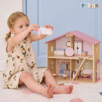 Wooden Doll House with Furniture Set | Kids Pretend Play Dollhouse Toy 3+