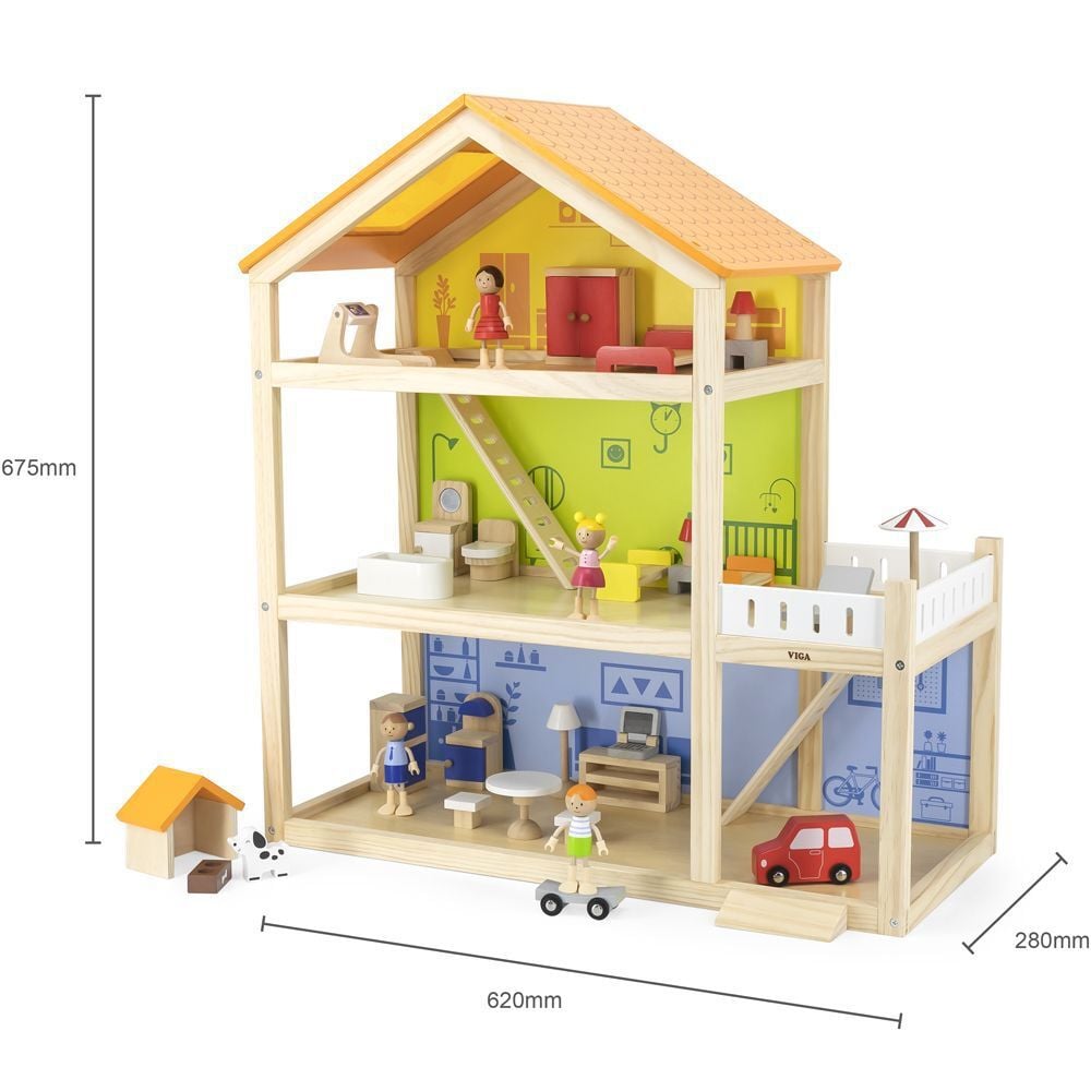 3 Storey Wooden Doll House with Furniture | Kids Pretend Play Dollhouse Set