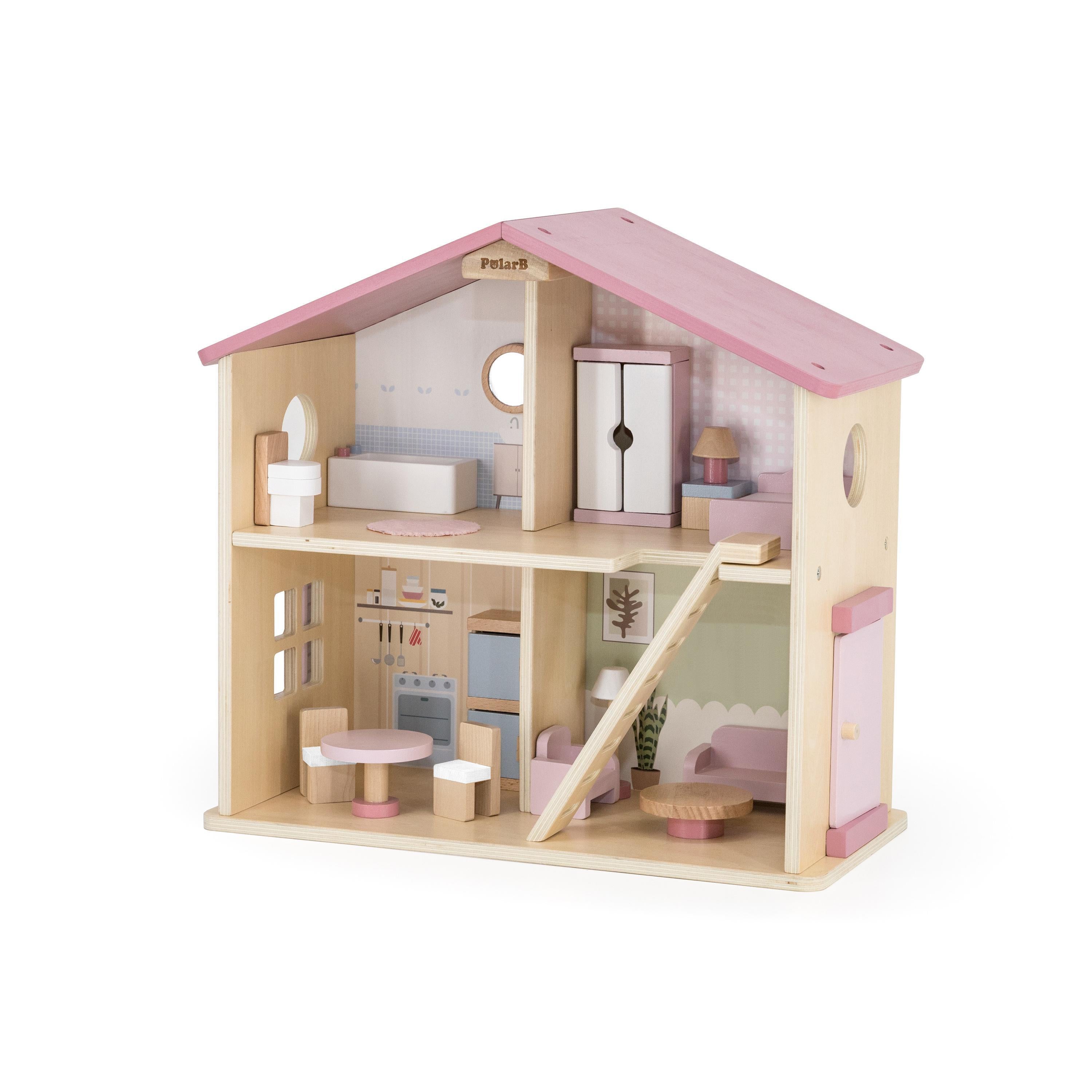 Wooden Doll House with Furniture Set | Kids Pretend Play Dollhouse Toy 3+