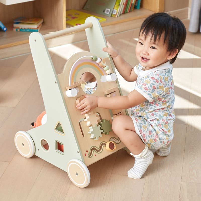 Wooden Baby Walker with Activity Panel | Learning Push Walker for Toddlers 12M+