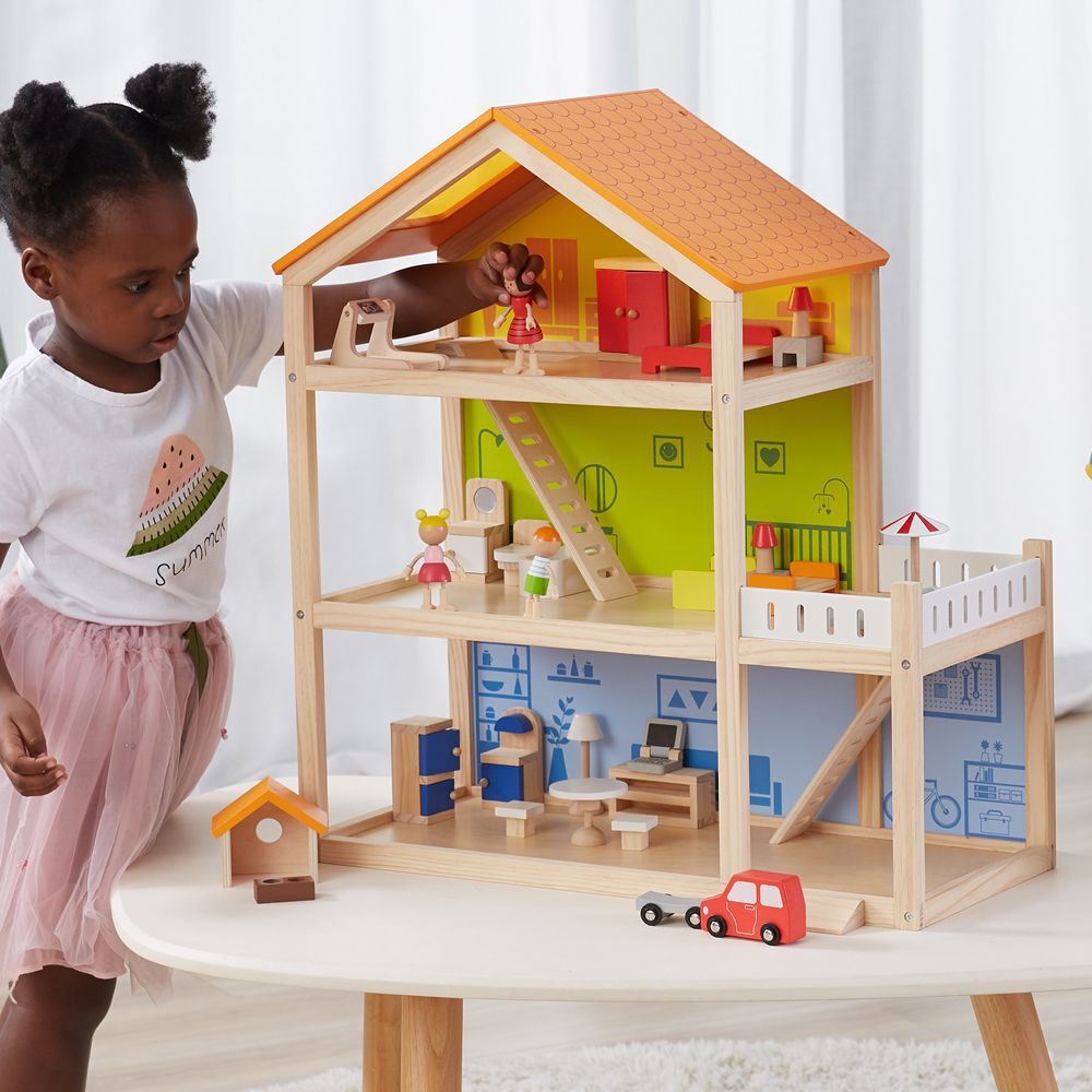 3 Storey Wooden Doll House with Furniture | Kids Pretend Play Dollhouse Set