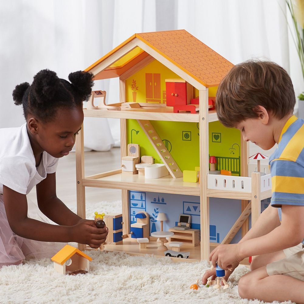 3 Storey Wooden Doll House with Furniture | Kids Pretend Play Dollhouse Set