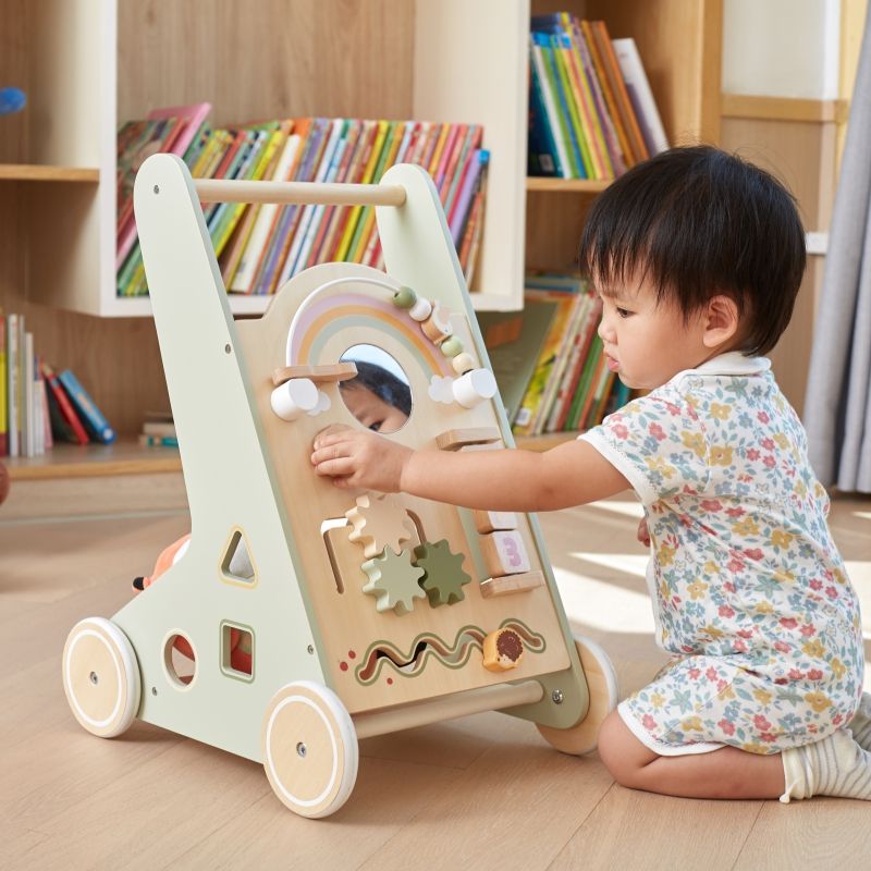 Wooden Baby Walker with Activity Panel | Learning Push Walker for Toddlers 12M+