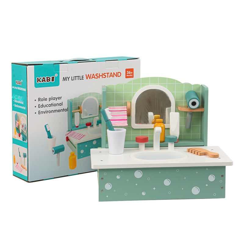 Kids Wooden Bathroom Sink Toy | Pretend Play Vanity Set with Accessories Educational Role Play