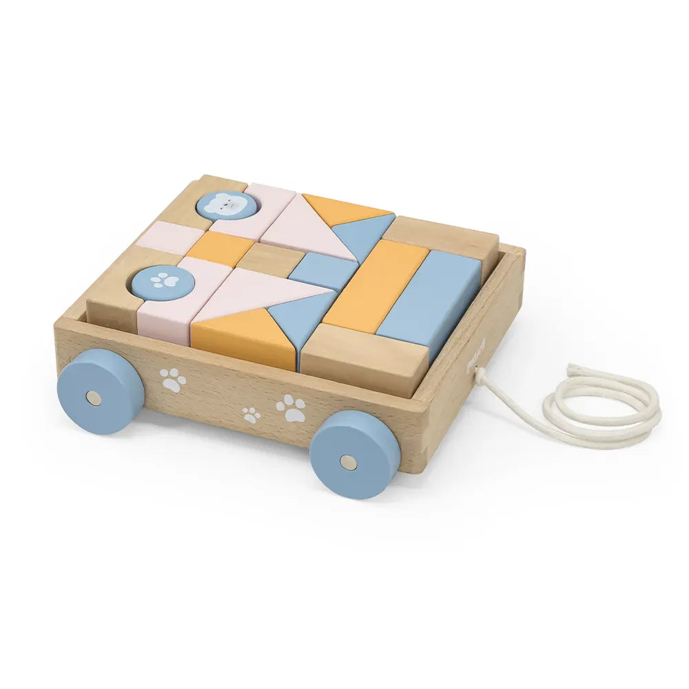 Pull Along Wooden Block Wagon Toy | 20 Pcs Stacking Blocks for Kids 18M+