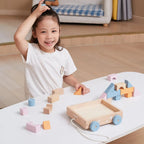 Pull Along Wooden Block Wagon Toy | 20 Pcs Stacking Blocks for Kids 18M+