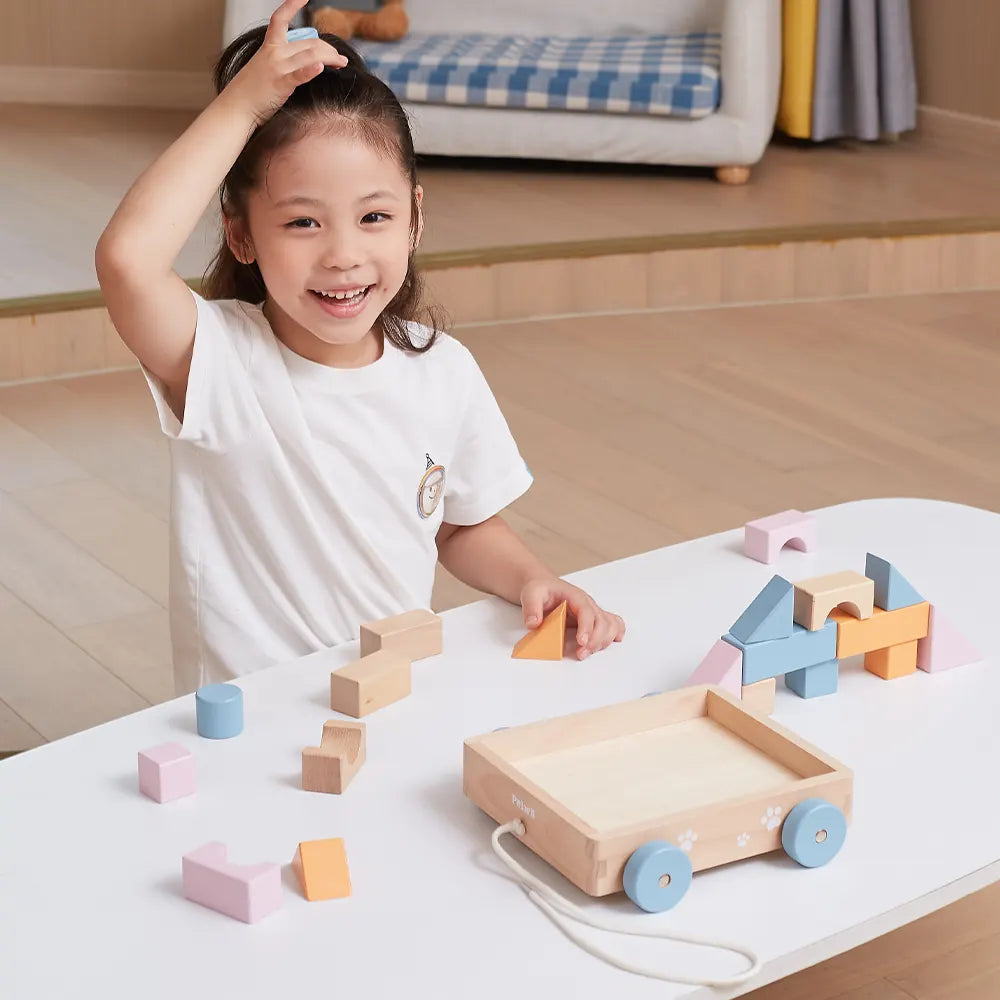 Pull Along Wooden Block Wagon Toy | 20 Pcs Stacking Blocks for Kids 18M+