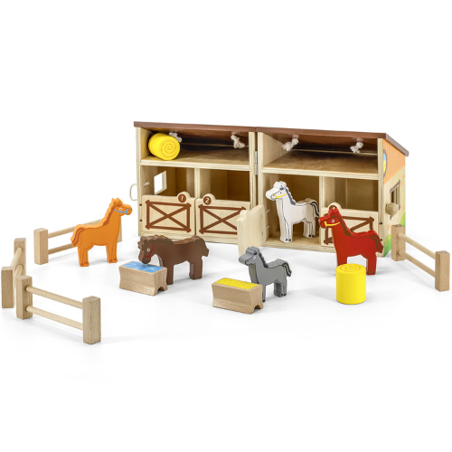 Foldable Stable Wooden Toy Set | Horse Farm Pretend Play Set for Kids 3+