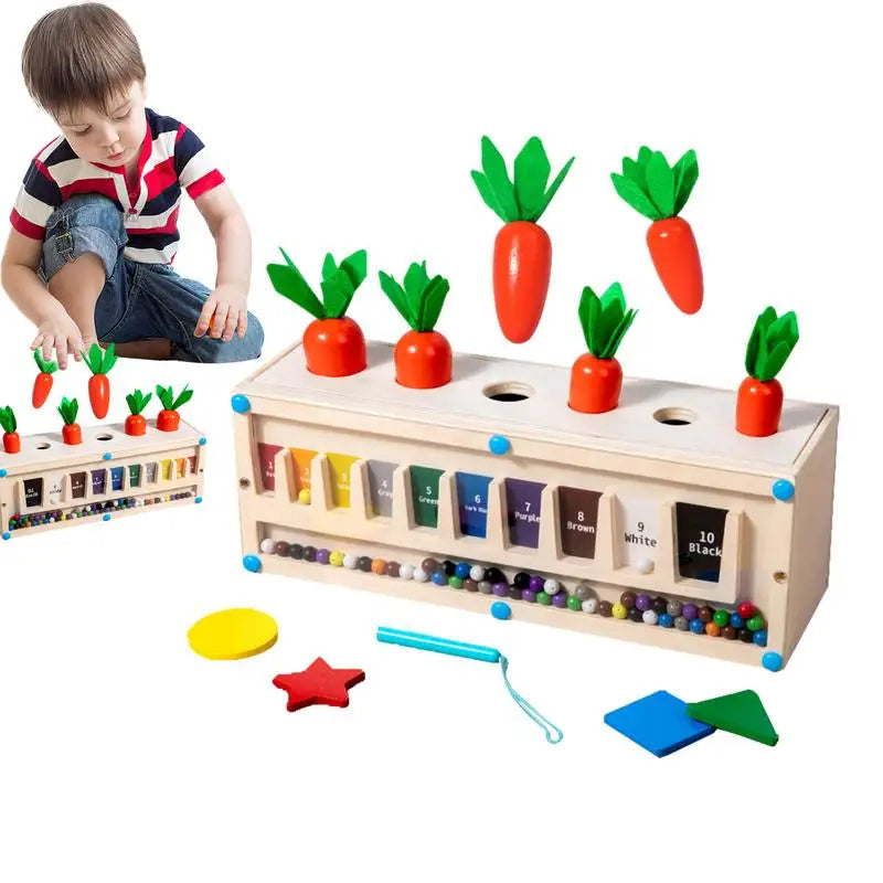 Carrot Harvest 3 in 1 Montessori Toy | Wooden Shape Sorting & Bead Maze Learning Set