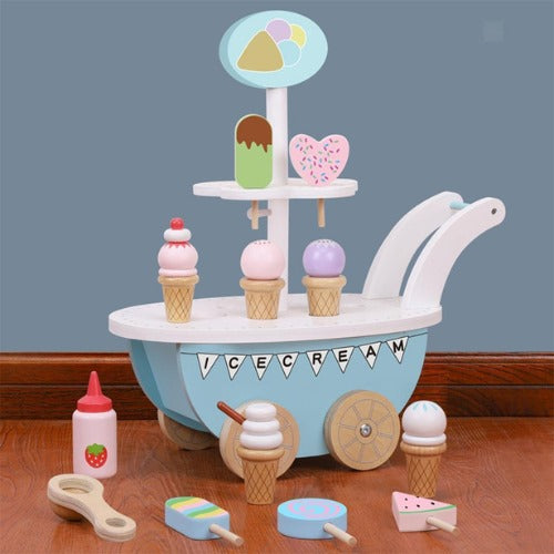 Wooden Ice Cream Cart Mini with Coffee Maker | Kids Pretend Play Role Play Toy Set