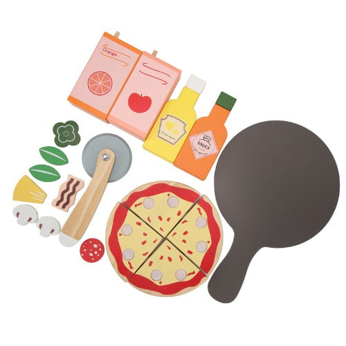 Danish Noble Wooden Pizza Toy Set | Kids Pretend Play Kitchen Food Cutting Set