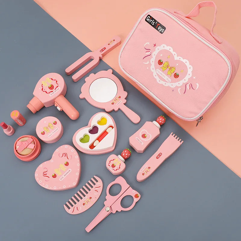 Wooden Makeup Set for Girls | Pretend Play Cosmetic Kit with Storage Table