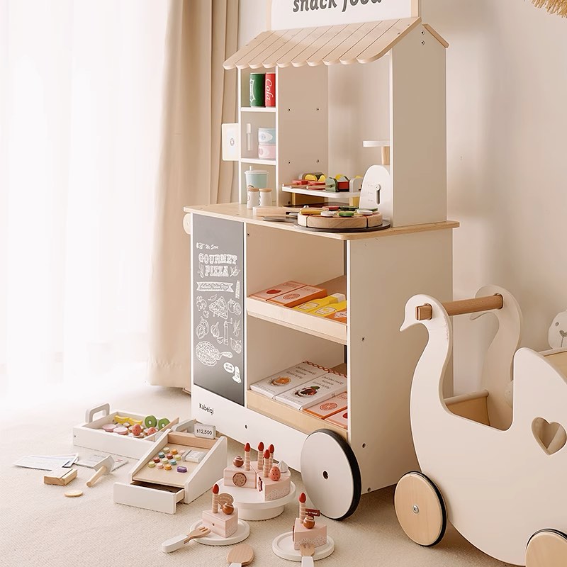Wooden Snack Food Cart for Kids | Grocery Store Pretend Play Set with Accessories