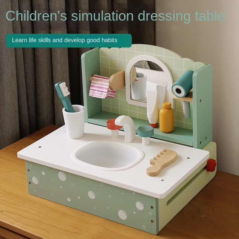Kids Wooden Bathroom Sink Toy | Pretend Play Vanity Set with Accessories Educational Role Play