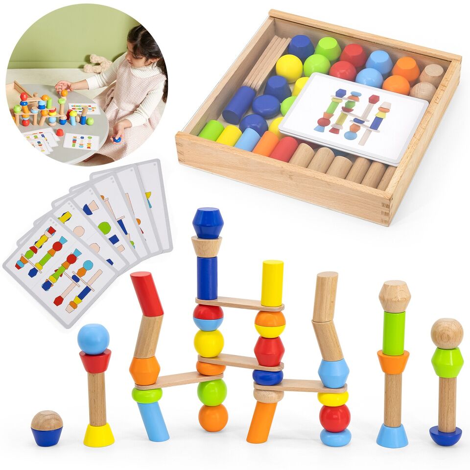 Wooden Blocks Tower Building Game 52 Pcs | Montessori Stacking & Logic Toy for Kids
