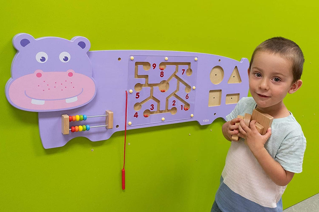 Hippo Activity Wall Panel for Kids | Wooden Sensory Busy Board Educational Wall Toy
