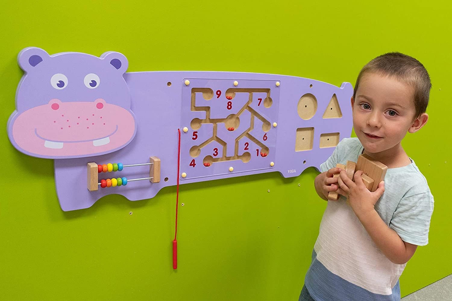 Hippo Activity Wall Panel for Kids | Wooden Sensory Busy Board Educational Wall Toy