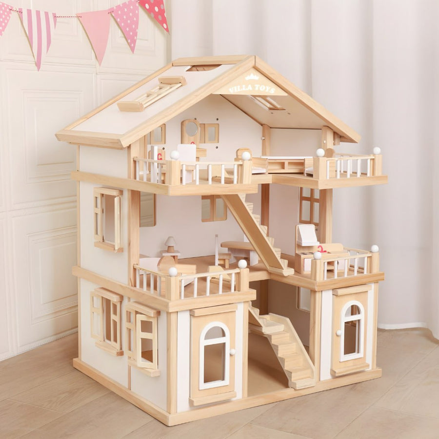 Happy Family Wooden Doll House for Kids | DIY Dollhouse with Furniture & Accessories