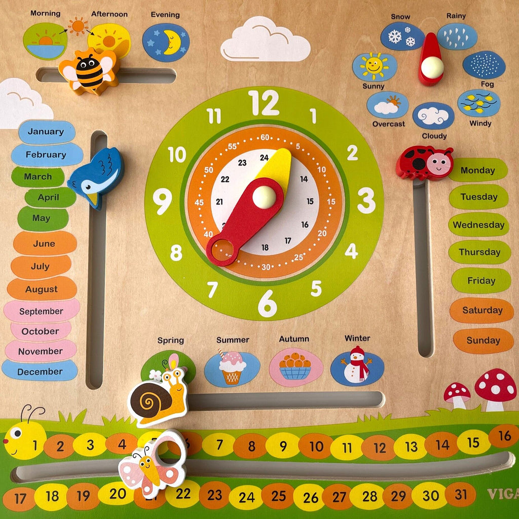 Wooden Calendar with Clock | Montessori Time, Weather & Seasons Learning Board for Kids