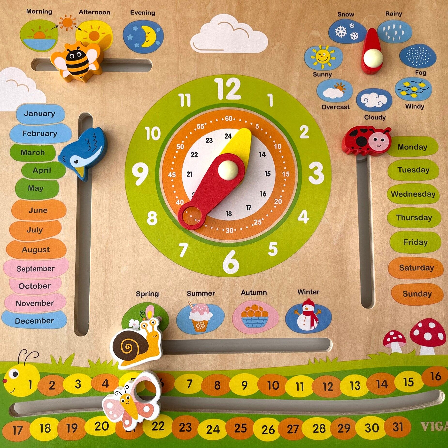 Wooden Calendar with Clock | Montessori Time, Weather & Seasons Learning Board for Kids