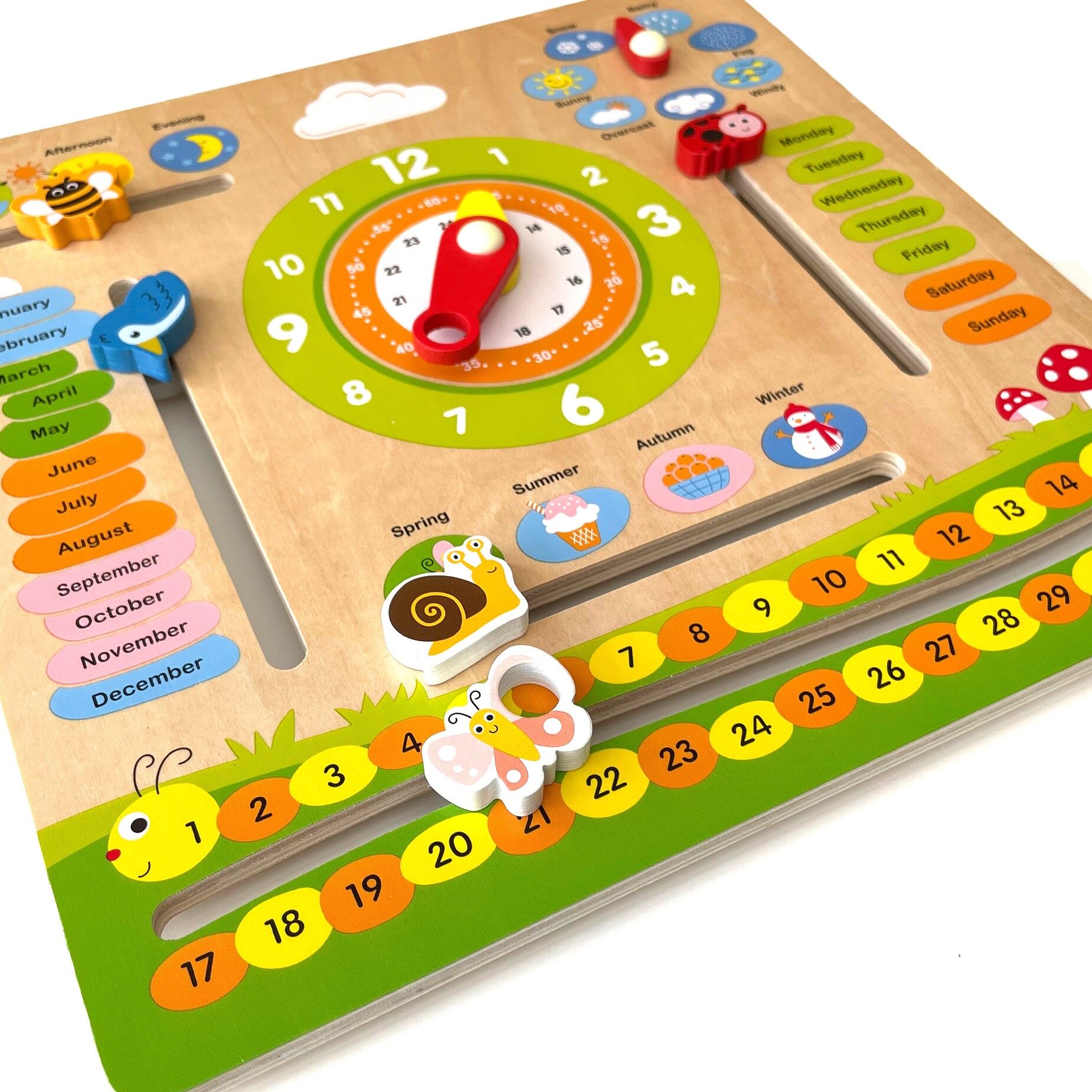 Wooden Calendar with Clock | Montessori Time, Weather & Seasons Learning Board for Kids