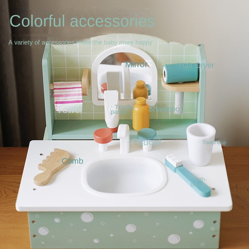 Kids Wooden Bathroom Sink Toy | Pretend Play Vanity Set with Accessories Educational Role Play