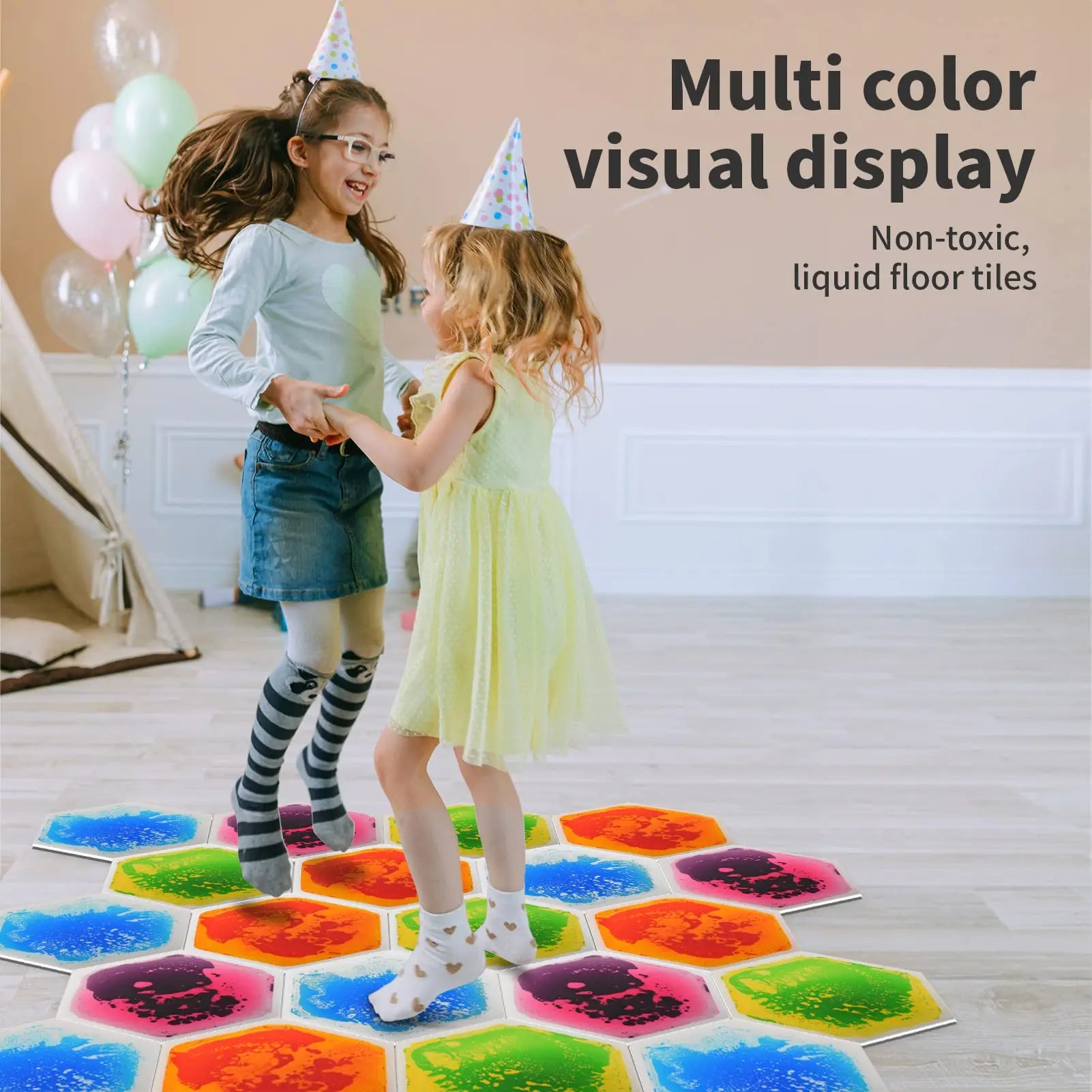 Pressure Sensitive Color Changing Liquid Floor Mats 4 PCS Hexagonal | Kids Sensory Gel Tiles