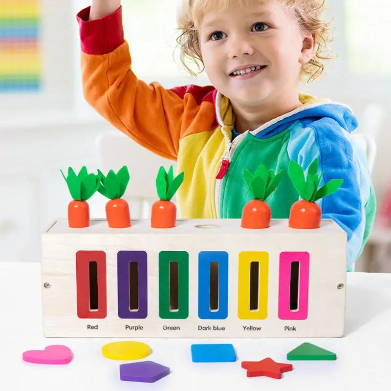 Carrot Harvest 3 in 1 Montessori Toy | Wooden Shape Sorting & Bead Maze Learning Set