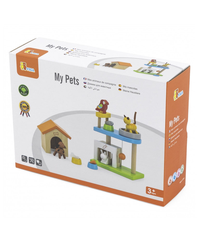 My Pets Playset | Wooden Dog, Cat, Rabbit & Parrot Animal Toy Set for Kids 3+