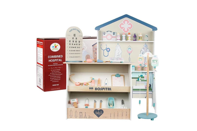 Wooden Medical Hospital Pretend Play Set Kids | Doctor Role Play Toy Station